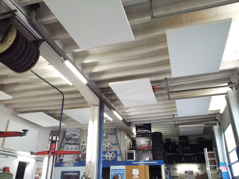 Mounting ABSOPANEL sound absorbing panels directly on the ceiling of an automobile garage